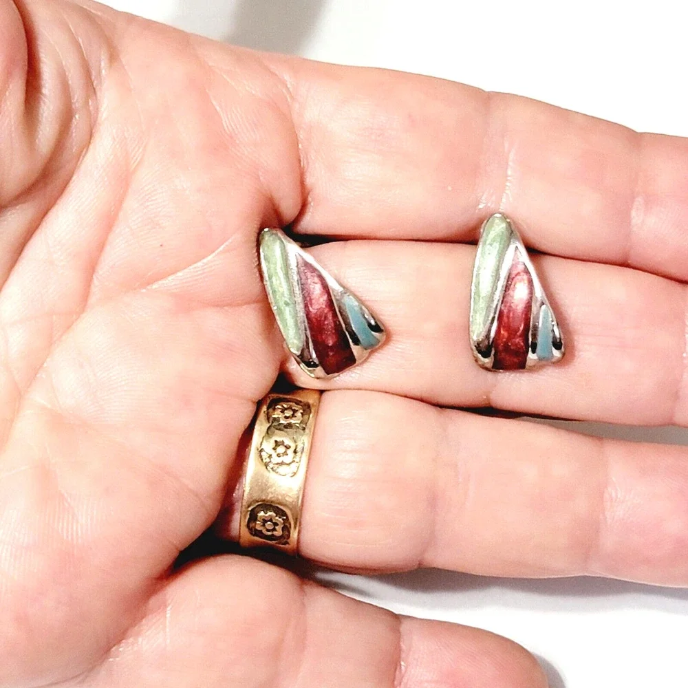 Vintage Aqua Red Enamel Pierced Earrings,‎ 3/4